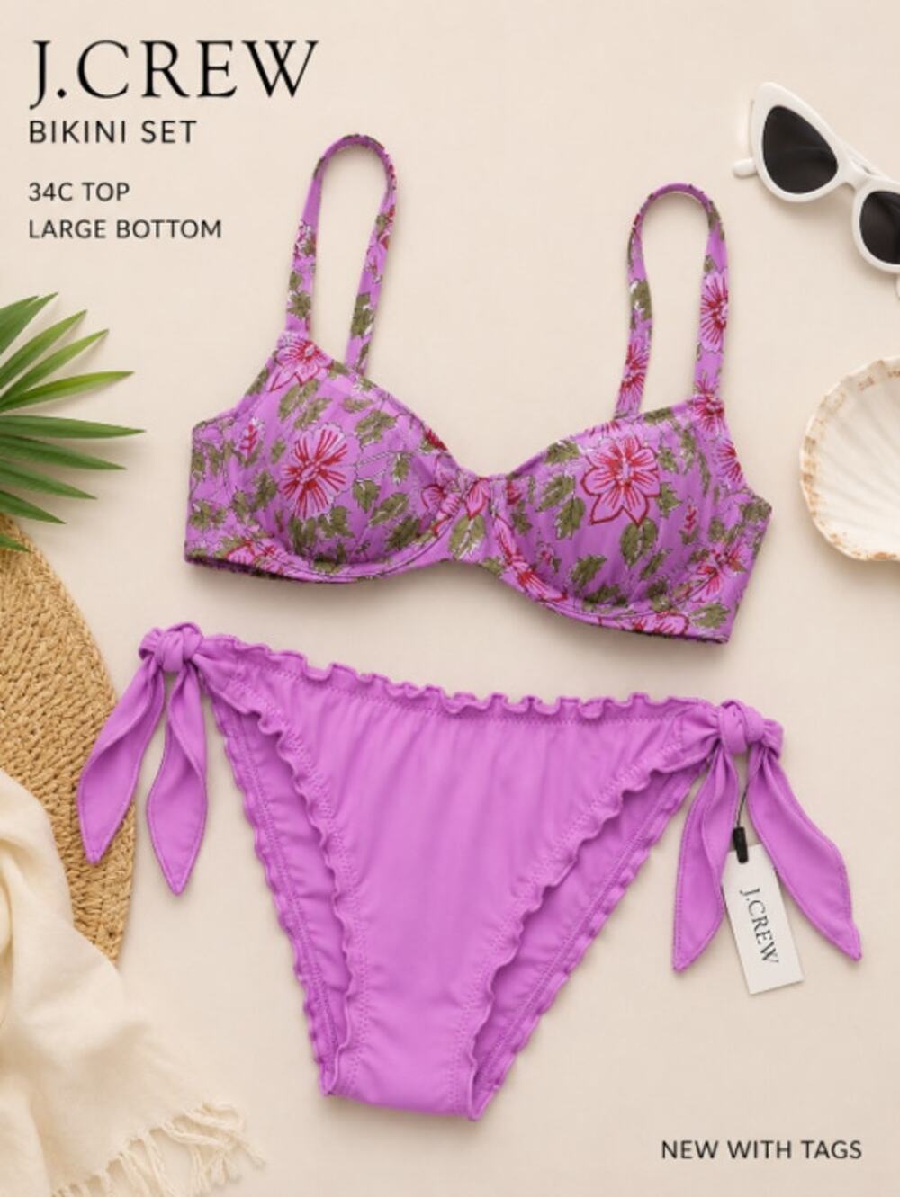 J.Crew Bikini Set NWT 34C Top & Large Lettuce Trim Bottom Purple Sold Out